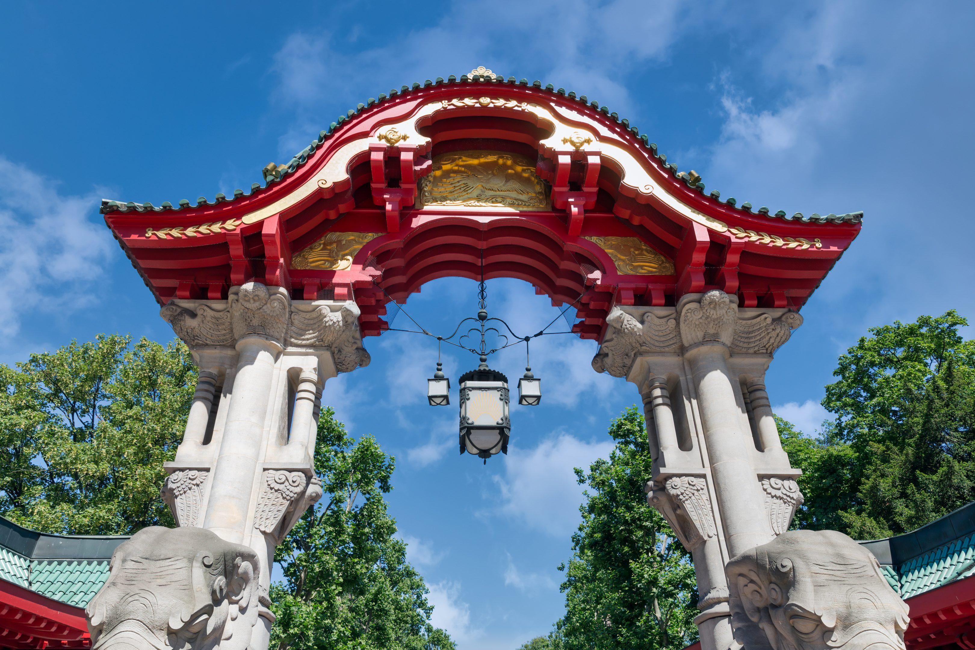 Entrance Berlin Zoo with Red Roof and Elephant Statues